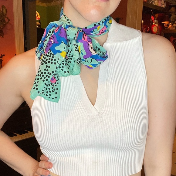 vintage honey multi color rolled silk scarf with a funky floral and polka dot - Picture 3 of 8